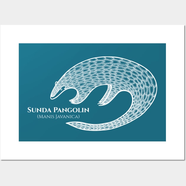 Pangolin with Common and Latin Names - dark blue and white animal design Wall Art by Green Paladin